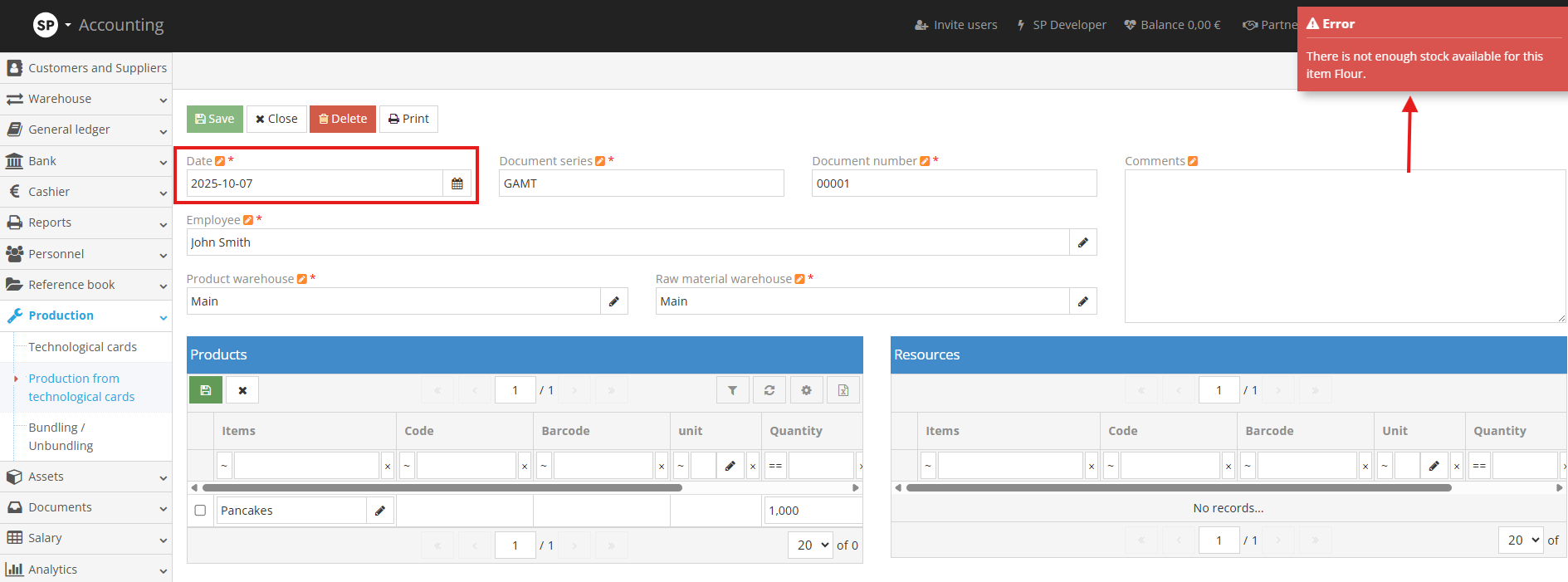 Error message about insufficient stock during production